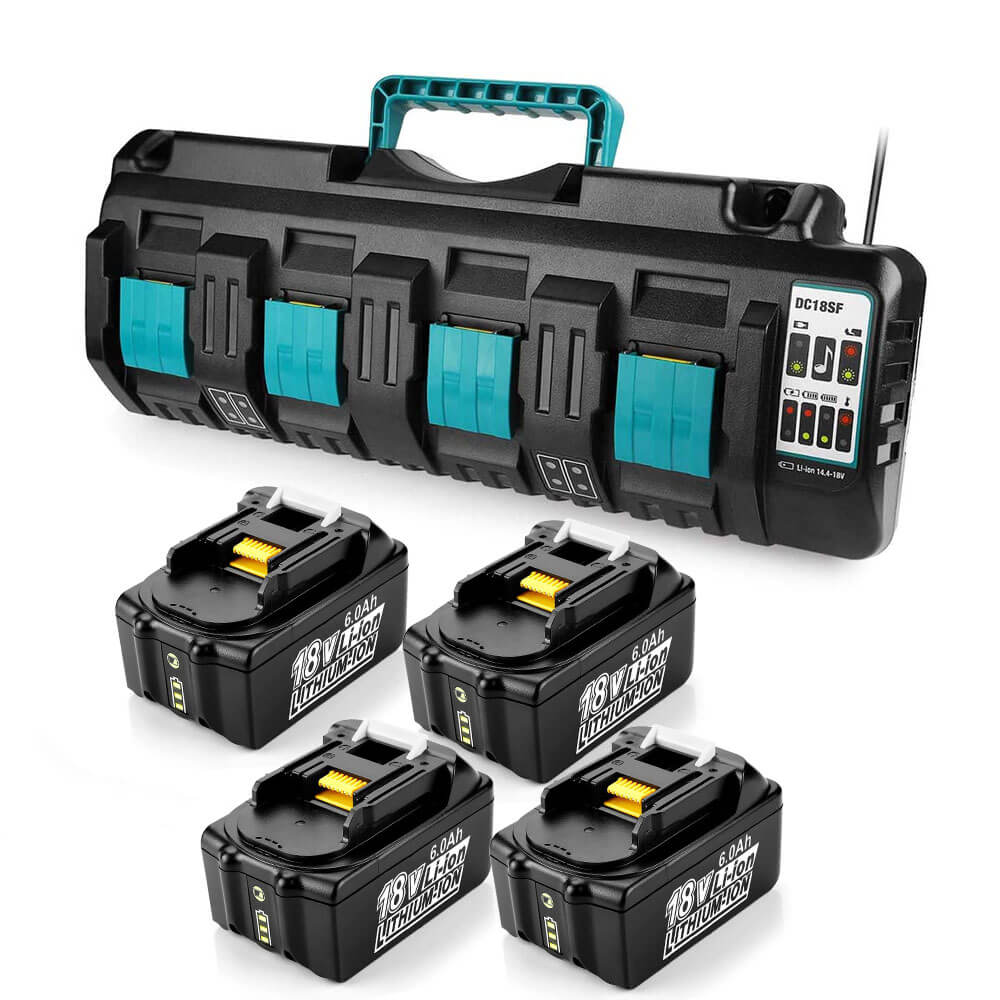 4 Pack For 18V 6.0Ah Makita BL1860B Battery Replacement & 4-Port 18V Lithium-Ion Charger DC18SF