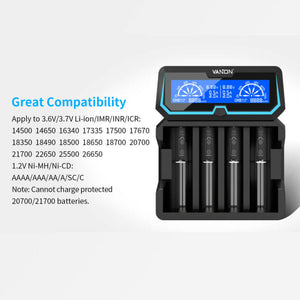 Vanon X4 18650 li ion battery smart charger with power bank function LCD charger