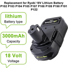 For Ryobi 18V Battery Replacement | P102 P108 3.0Ah Li-ion Battery