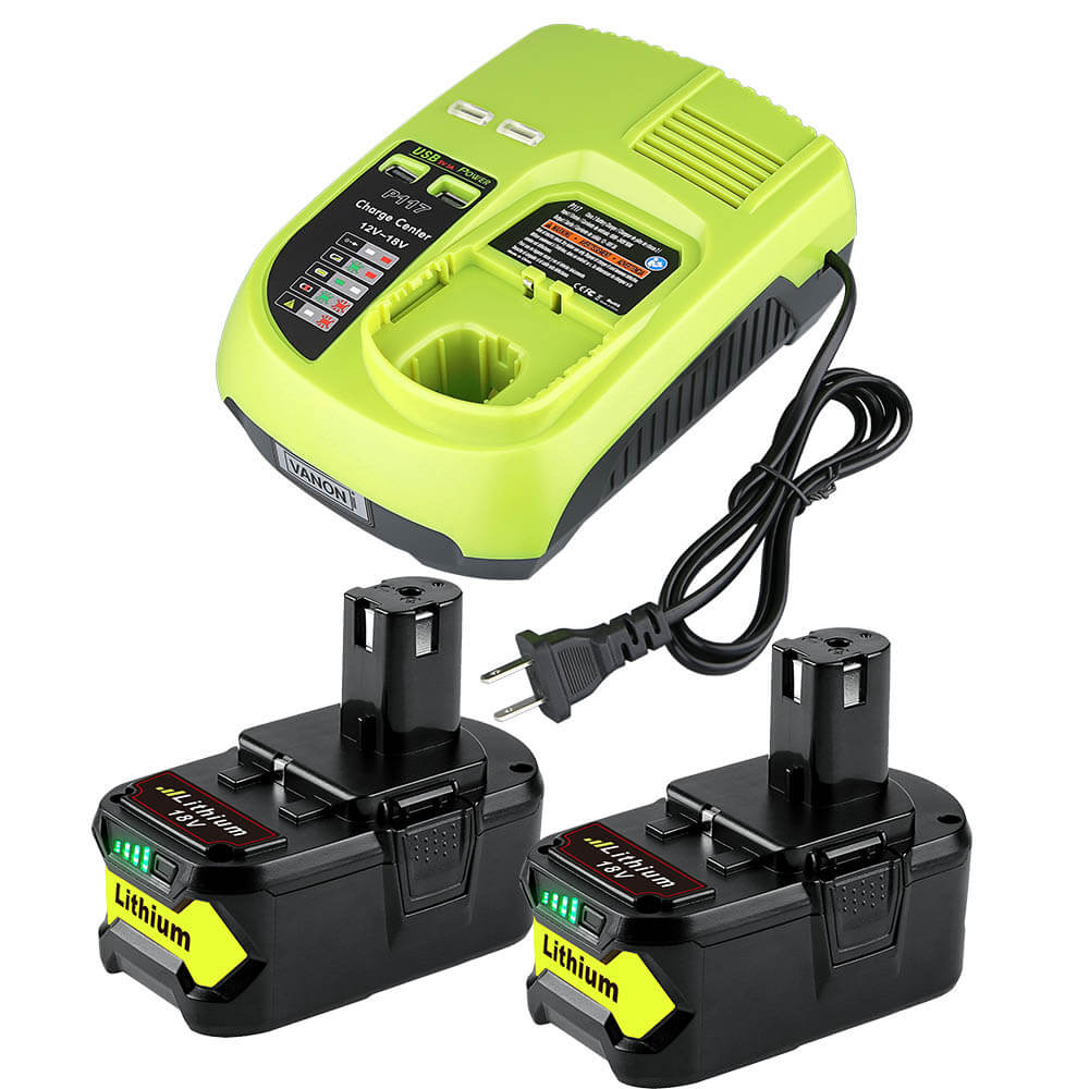 2 Pack For Ryobi 18V P104 6.0Ah Battery & For Ryobi One Plus Battery Charger