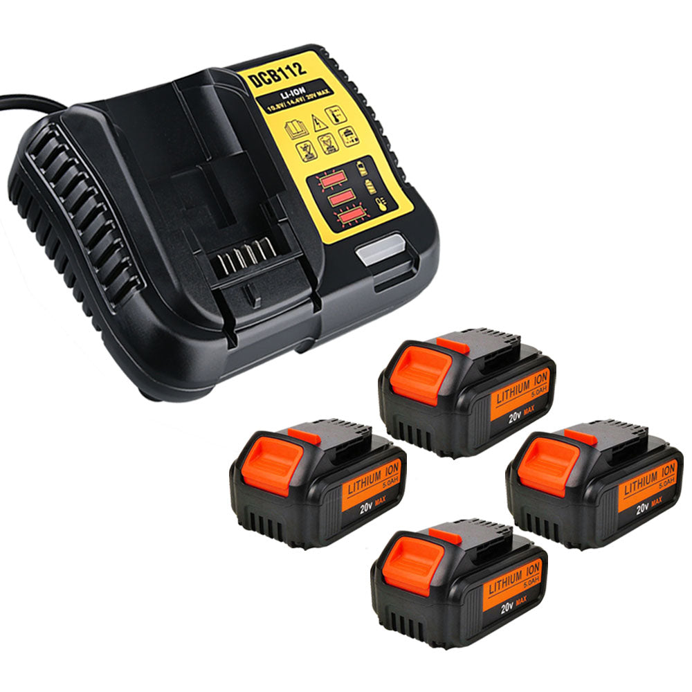 4 Pack For 28V 5.0Ah Dewalt DCB200 Battery Replacement &  For Dewalt Li-ion DCB112 Li-ion Charger