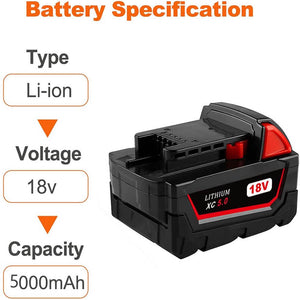 For Milwaukee M18 18V 5.0Ah Battery Replacement  | 5.0Ah Li-ion Battery 2 Pack