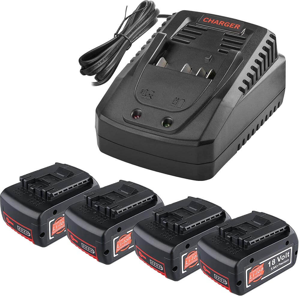 4 Pack For 18V 5.0Ah Bosch BAT610G Battery Replacement & For Bosch 14.4V -18V Lithium Ion Battery Charger AL1820CV