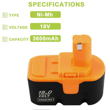 For 18V Ryobi Battery Replacement | P100 3600mAh Ni-MH Battery