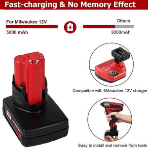 For Milwaukee M12 12V Battery Replacement 5.0Ah Li-ion Battery